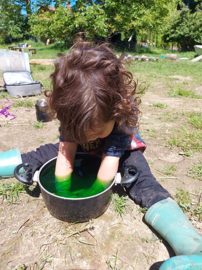 A child plays in a pan of water in the sun. The child has both hands in the water which is green in colour and appear to be focussing on their hands through the water. The cene in the background shows Forest School activities on a sunny day! 